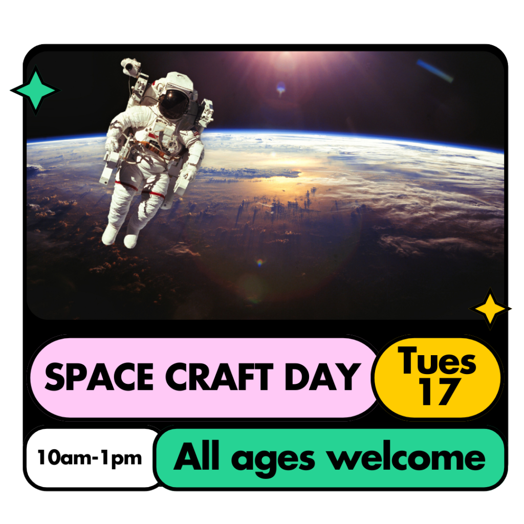 Space man floating above earth with the name, date, time and age for workshop written below